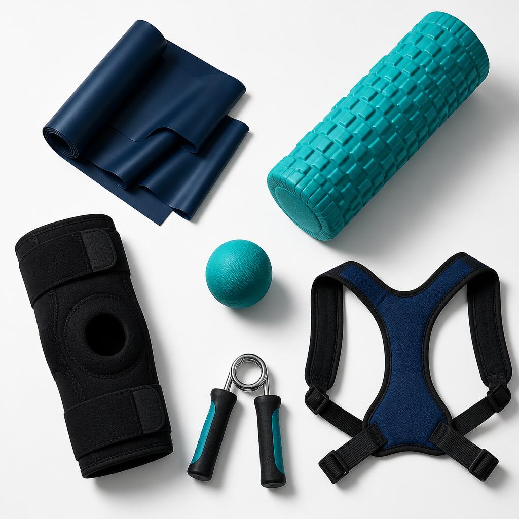 Physiotherapy recovery products including resistance bands, foam roller, massage ball, knee brace and posture corrector